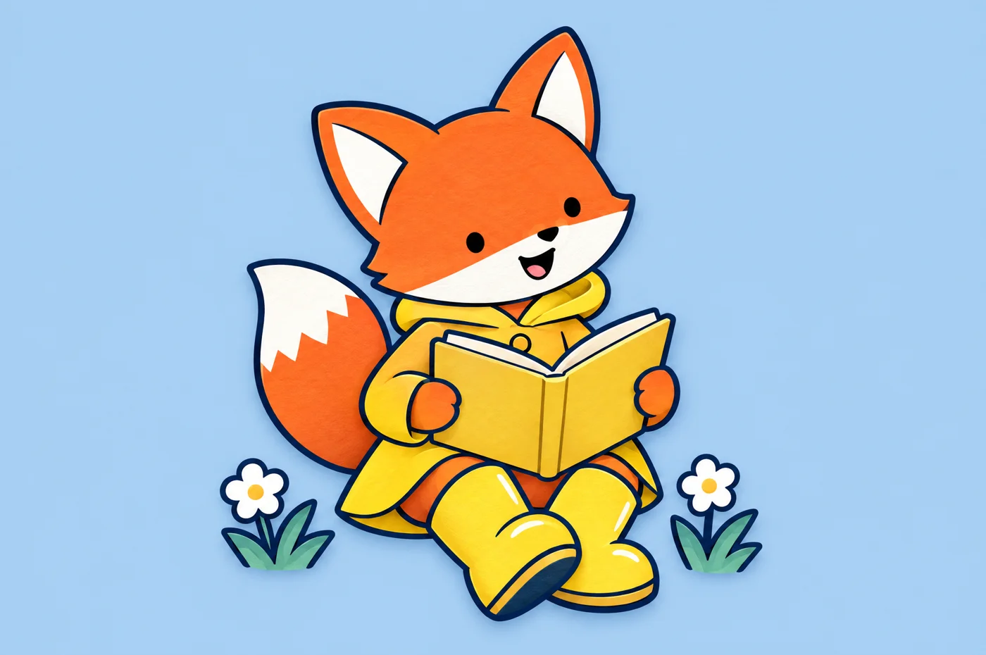 Pip, the friendly fox in a yellow raincoat, enjoying a book